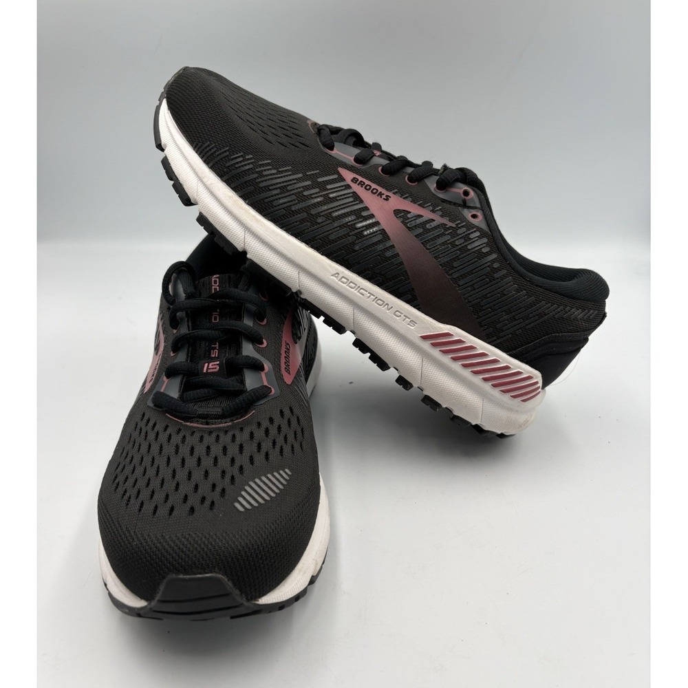 Brooks Addiction GTS 15 Running Shoes Black/White/Pink Mesh Breathable 7 B